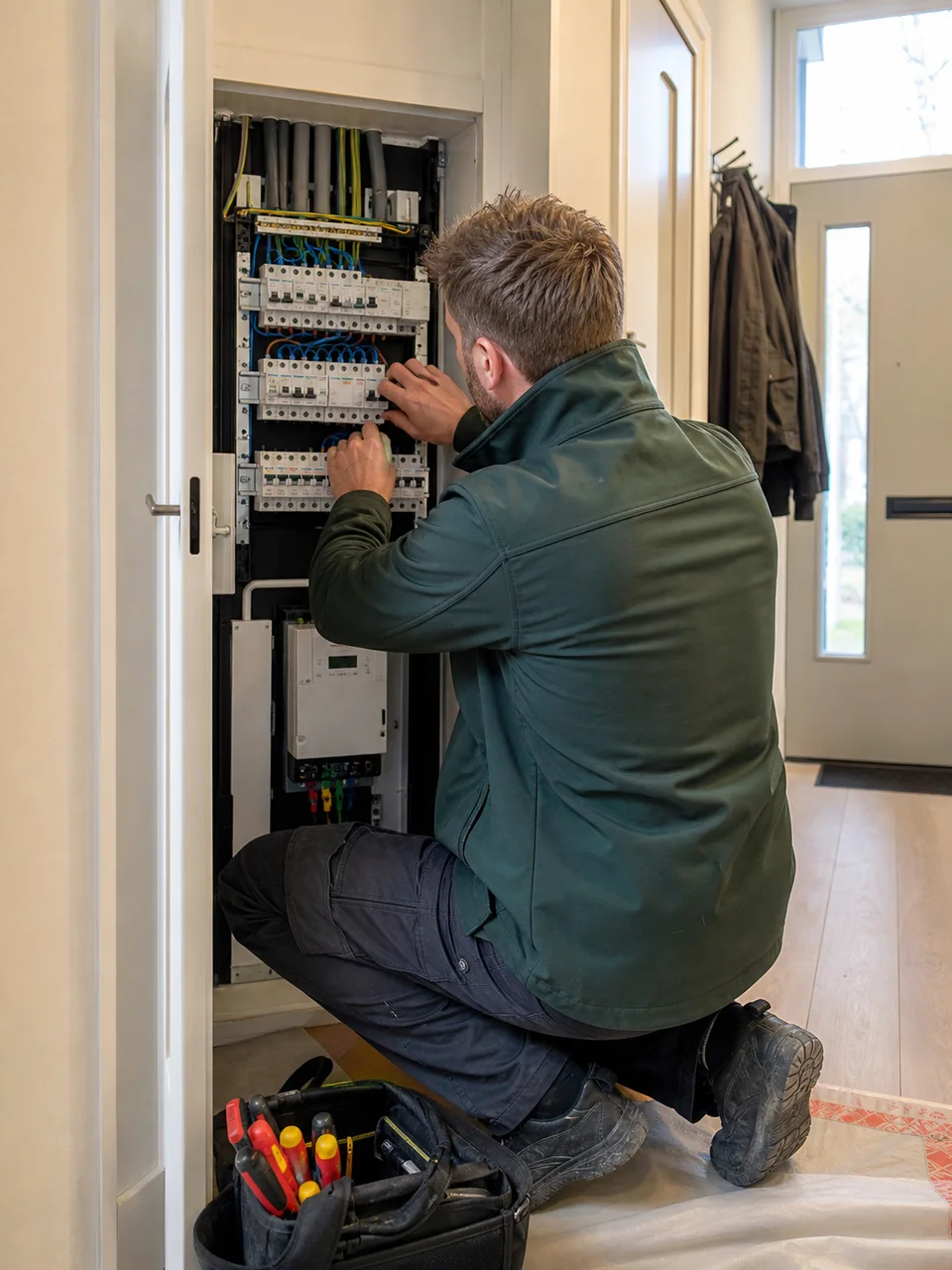 Elektricien werkt aan een moderne groepenkast in een Nederlandse woning